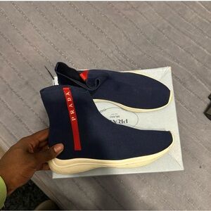 Prada women's Dark Blue and Red High-Top Sneakers